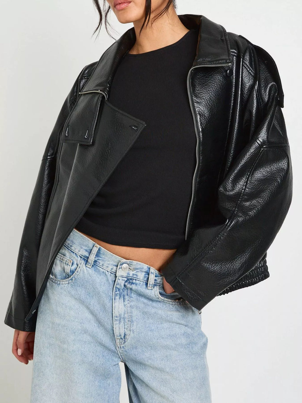 Faux Leather Moto Jacket with Asymmetrical Zip - Lilixa.store