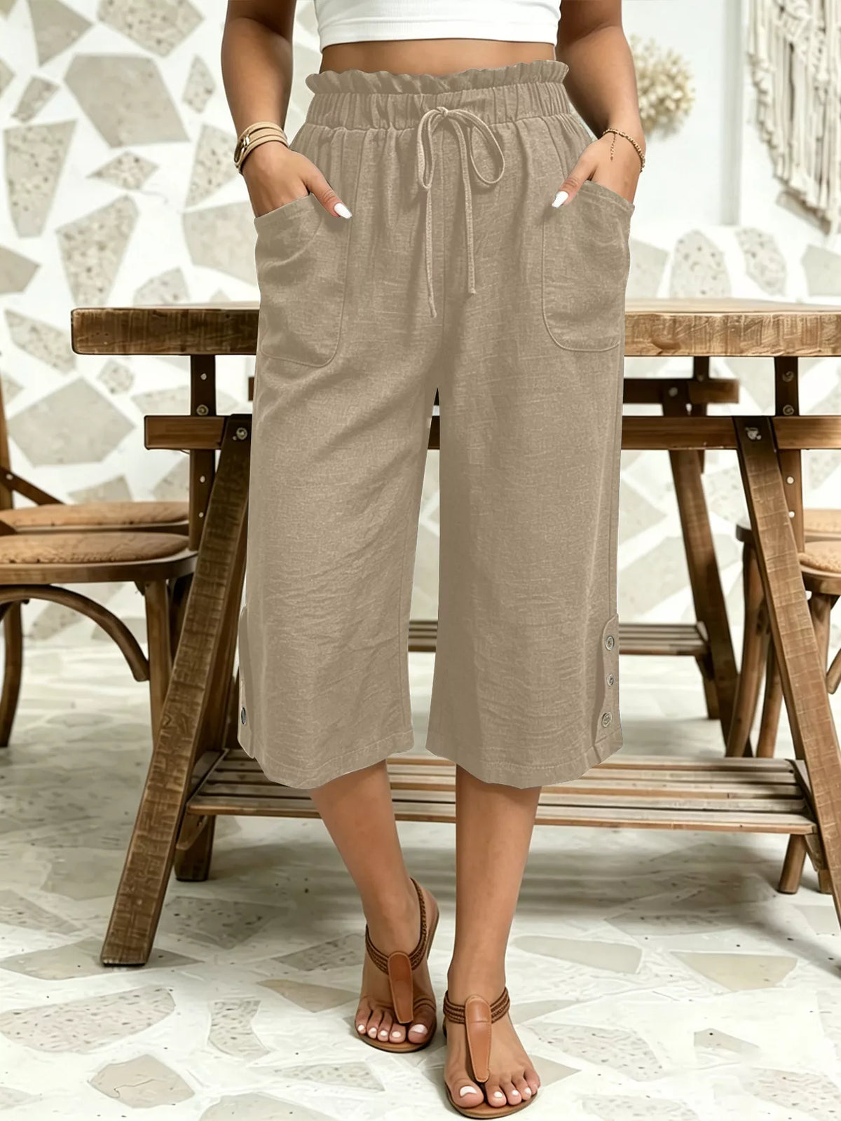 High-Waisted Drawstring Capris in Khaki