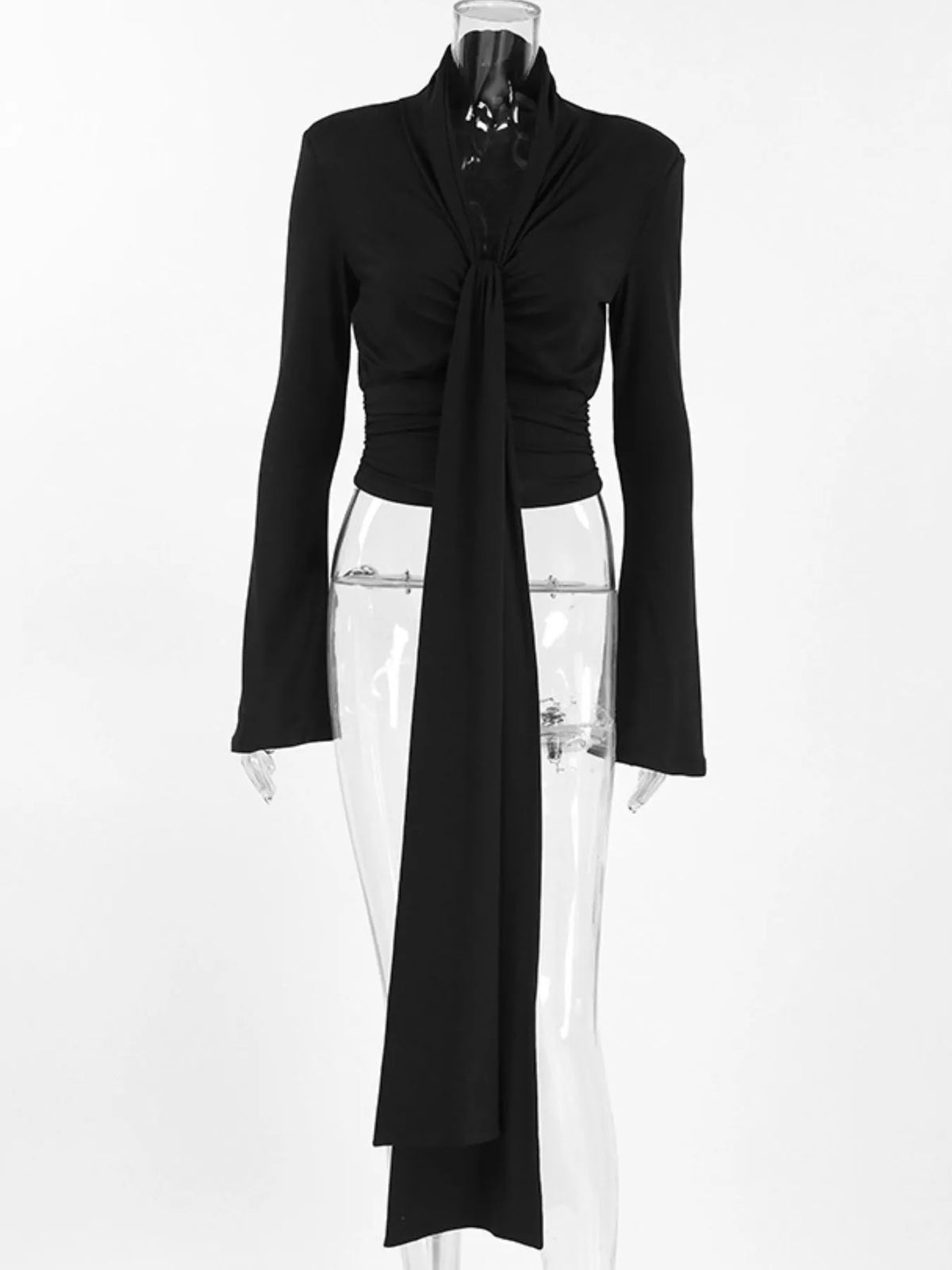 Front Tie Detail Flare Sleeve Blouse in Black, view 8