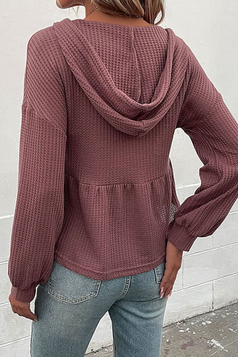Perfee Waffle-Knit Buttoned Drop Shoulder Hoodie in Plum, view 2