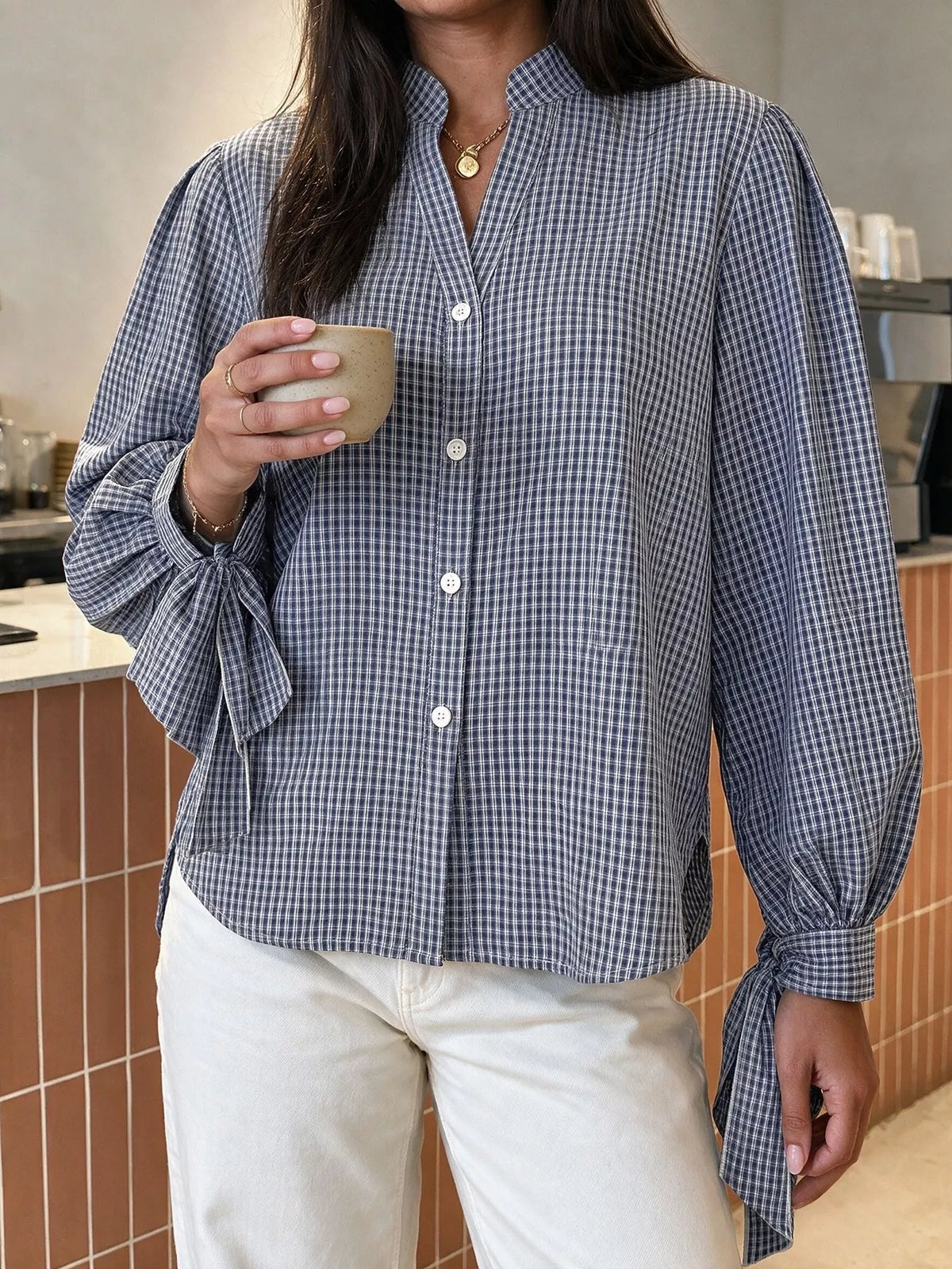 Gingham Button Up Shirt with Tie-Sleeve Detail in Navy, view 2