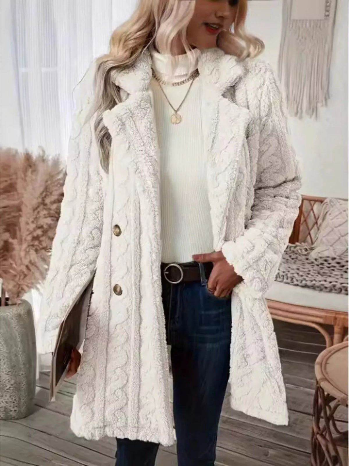 Cozy Faux Shearling Double-Breasted Outerwear, view 2