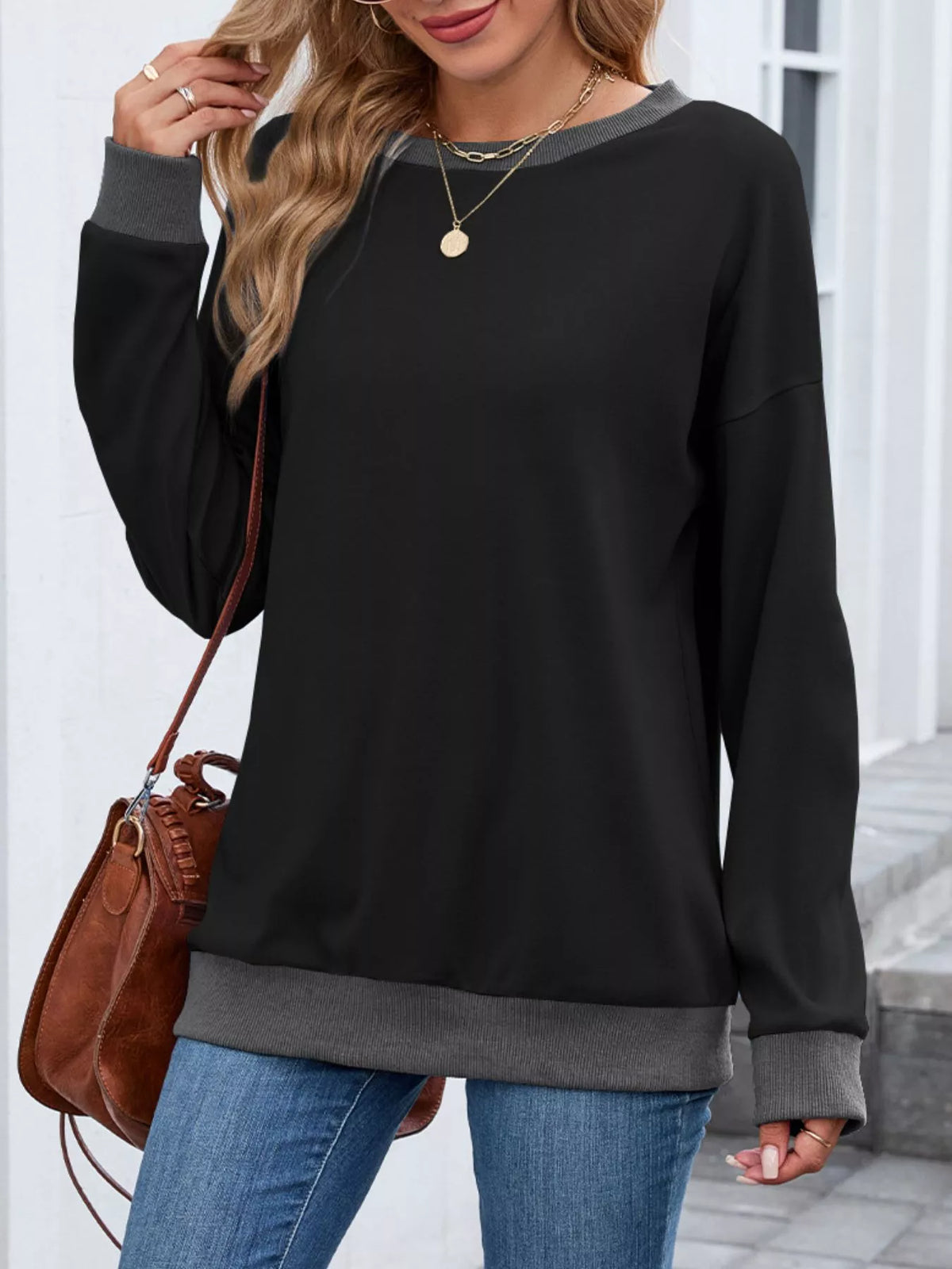 Contrast Trim Long Sleeve Sweatshirt - Lilixa.store