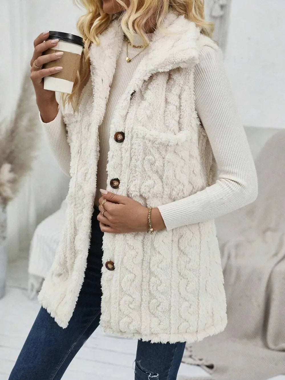 Fuzzy Button Up Vest Coat in Beige, view 4
