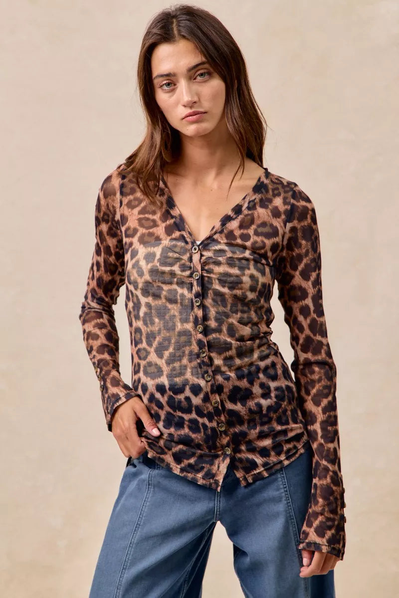BiBi Leopard Printed Mesh Shirt With Button Up V Neck - Lilixa.store