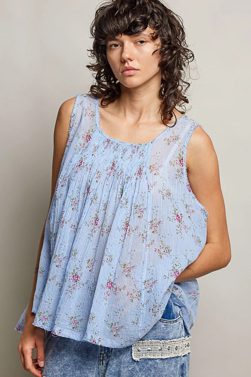 POL Round Neck Sleeveless Floral Pleated Cotton Top - Lilixa.store