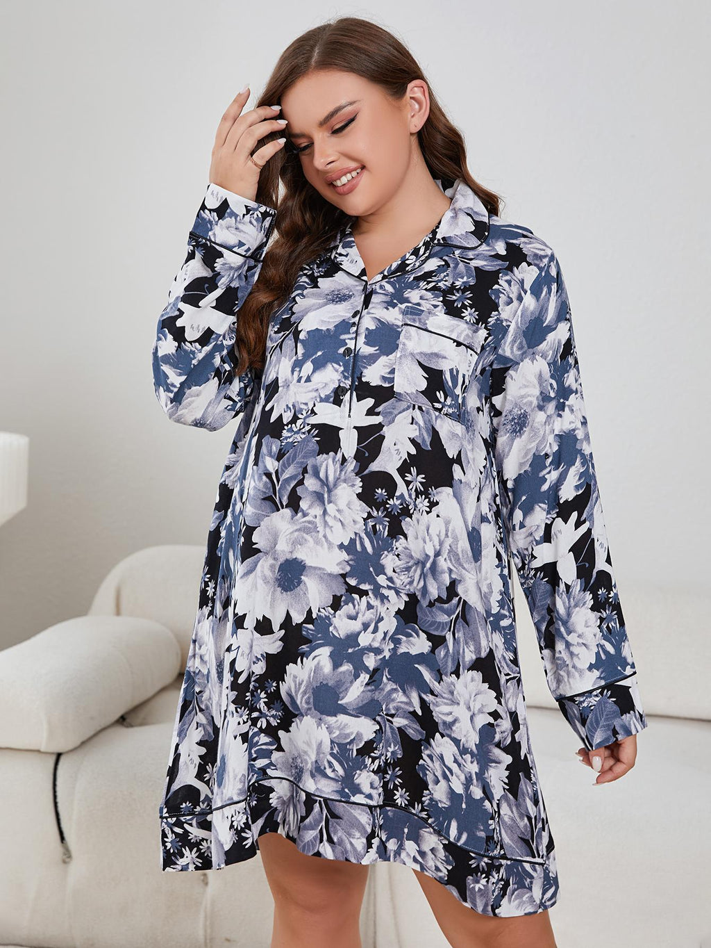 Plus Size Floral Lapel Collar Long Sleeve Night Dress - Lilixa.store