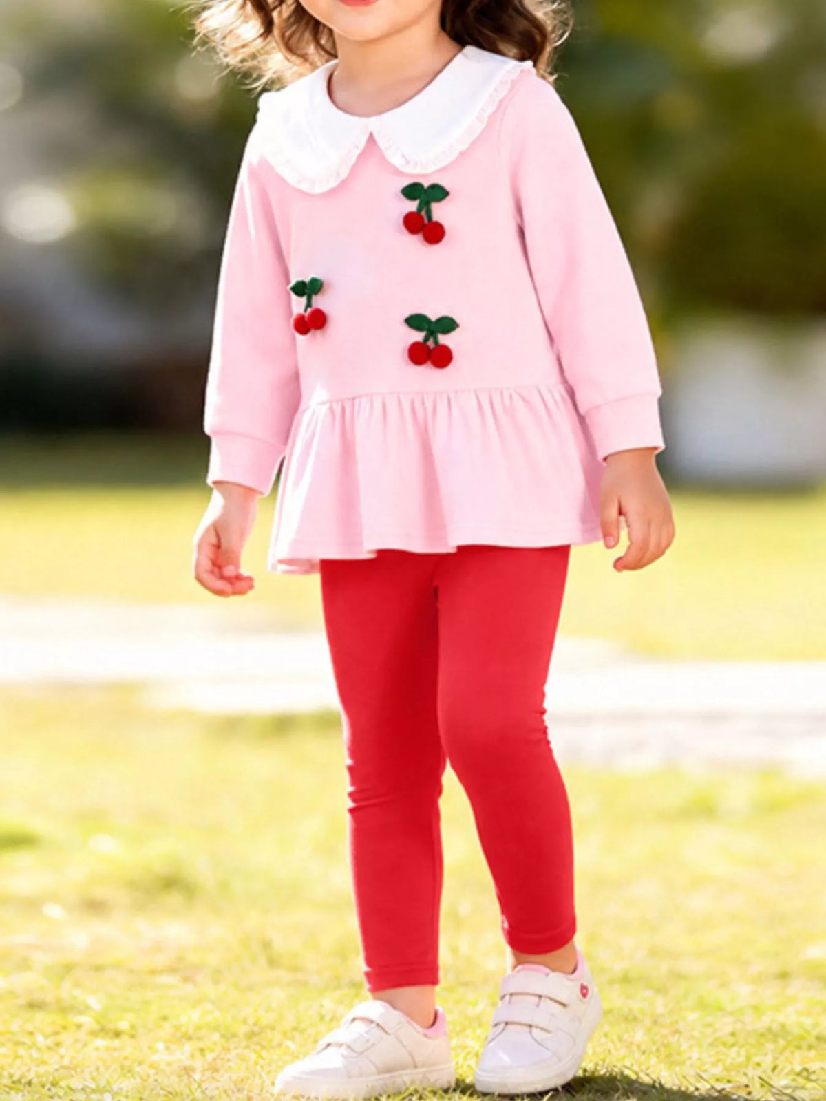 Children's Cherry Peplum Top and Leggings Set in Blush Pink