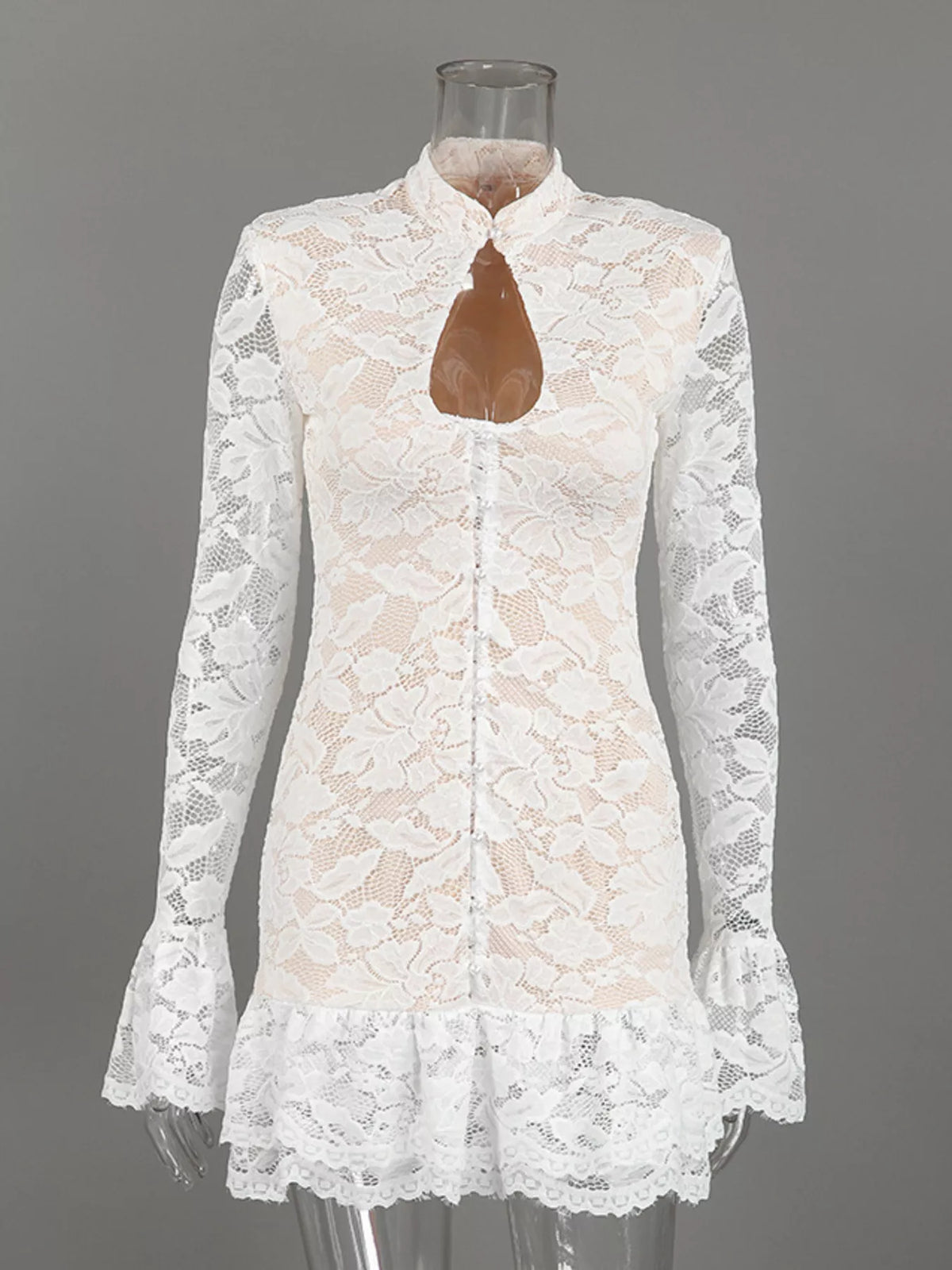 Lace Long-Sleeve Ruched Mini Dress - Lilixa.store
