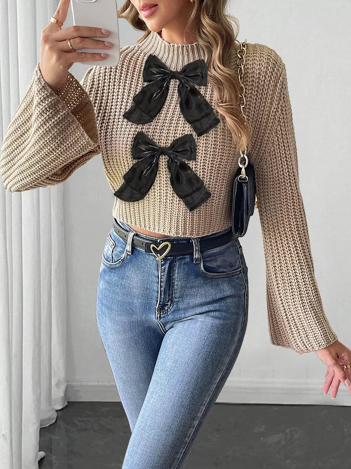 Bow-Decorated Mock Neck Cropped Sweater - Lilixa.store
