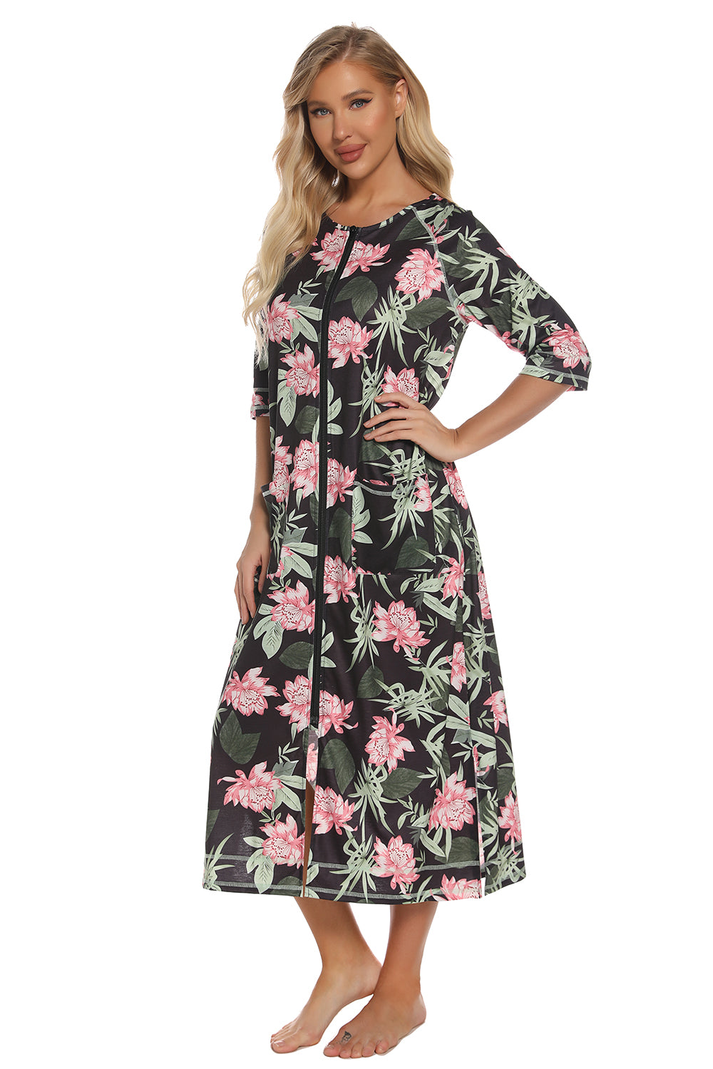 Printed Slit Night Dress with Pockets - Lilixa.store