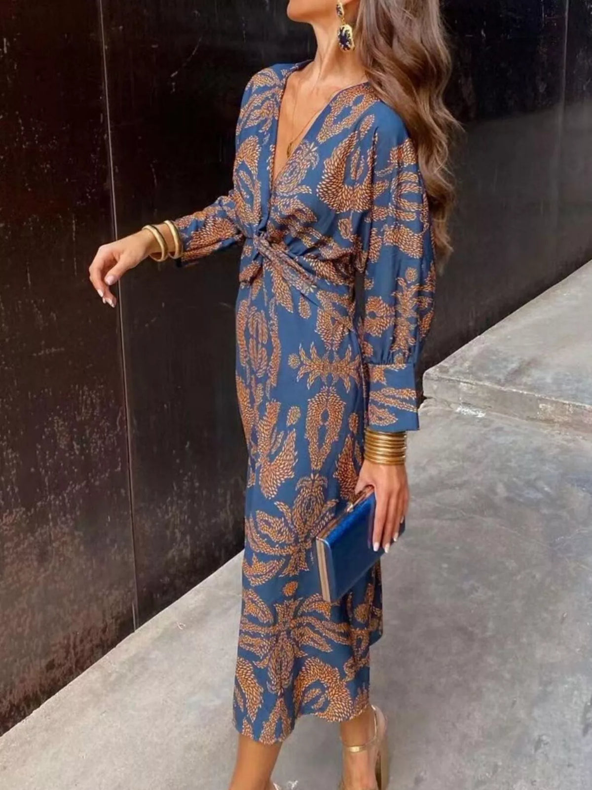 Full Size Printed V-Neck Long Sleeve Twisted Midi Dress Plus Size - Lilixa.store