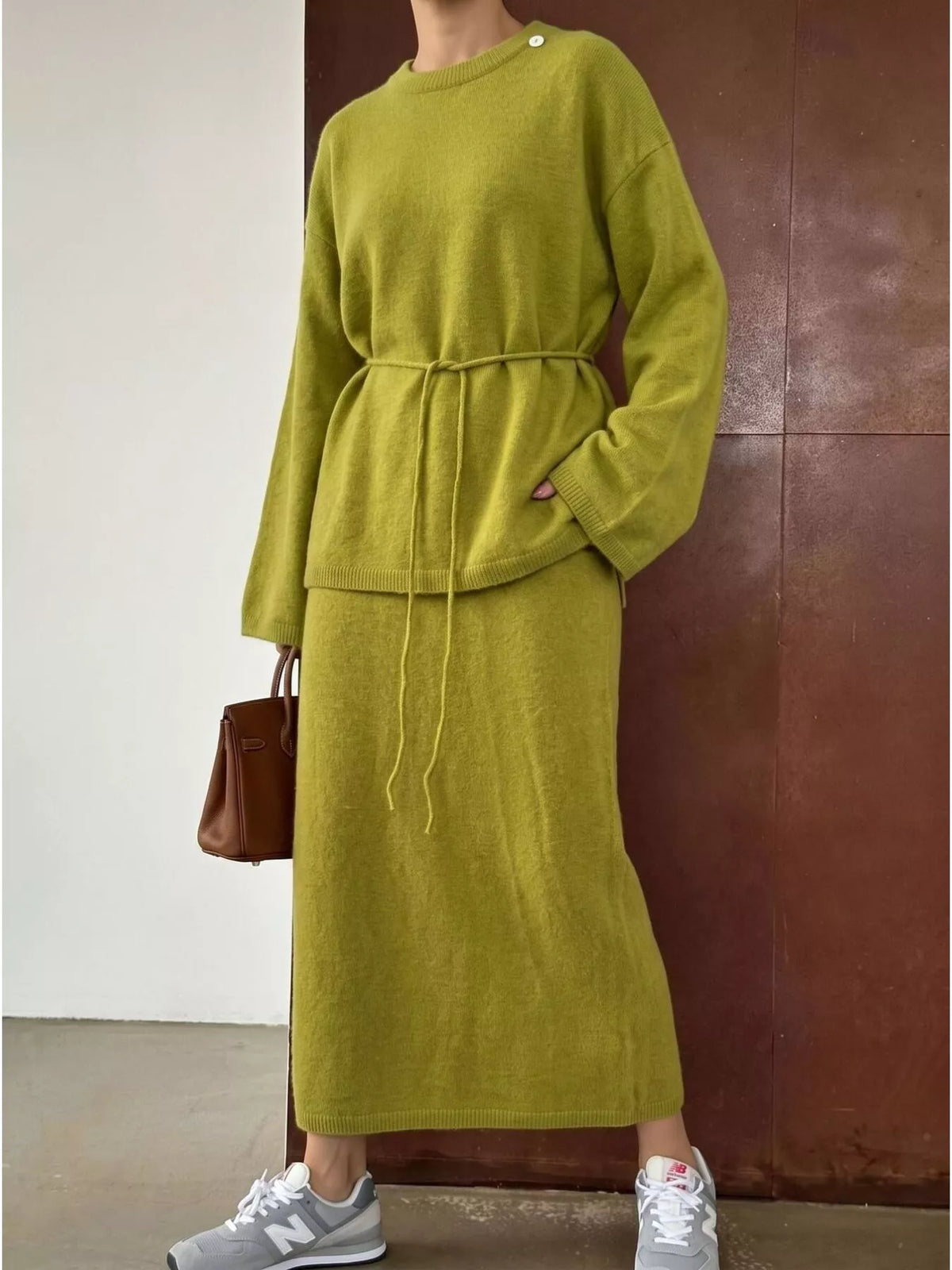 Waist-Tie Detail Sweater and Maxi Skirt Set in Yellow-Green