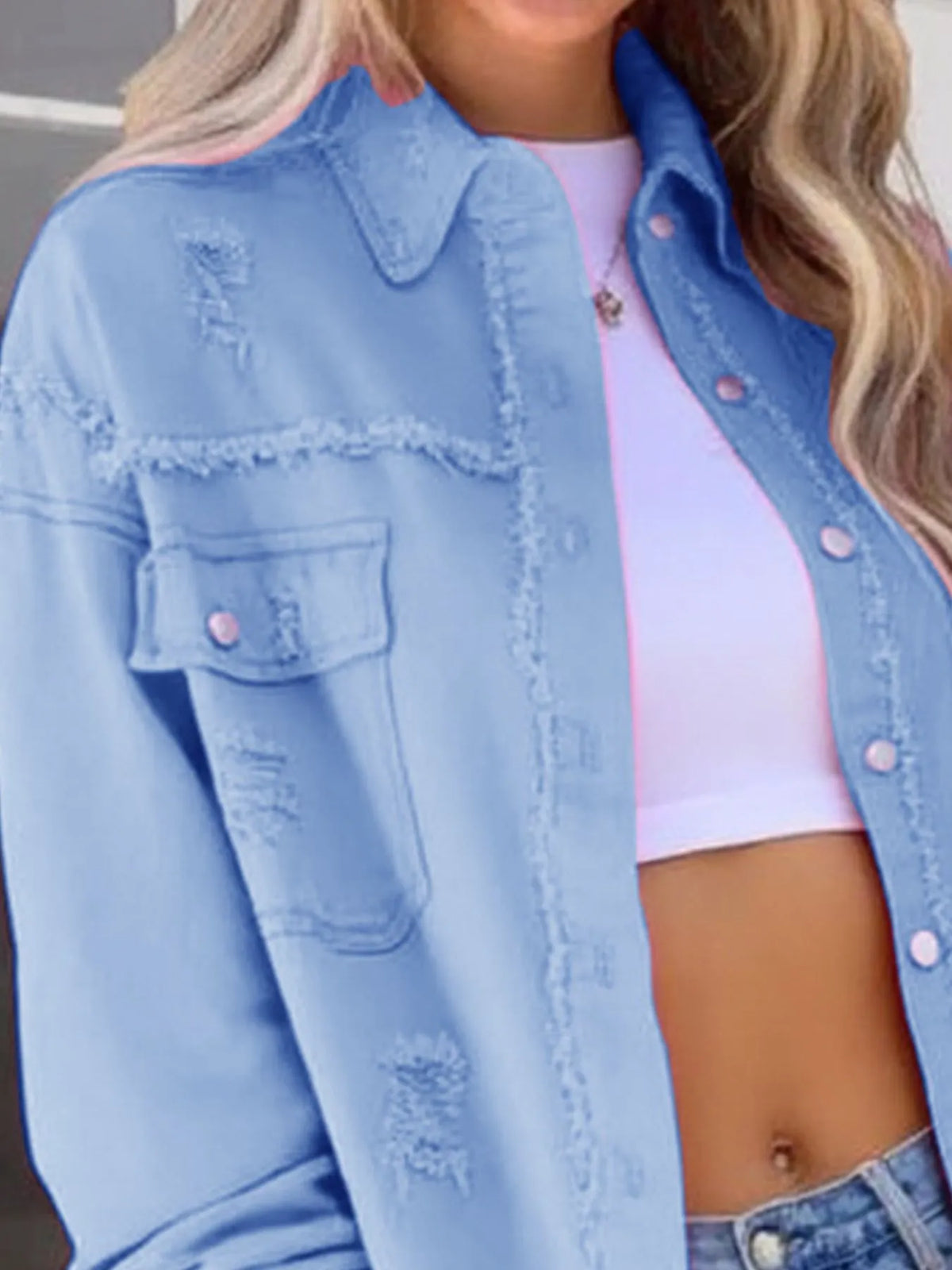Distressed Denim Jacket with Frayed Edges - Lilixa.store