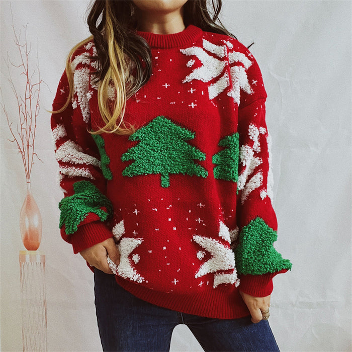 Snowflake Round Neck Long Sleeve Sweater in Red