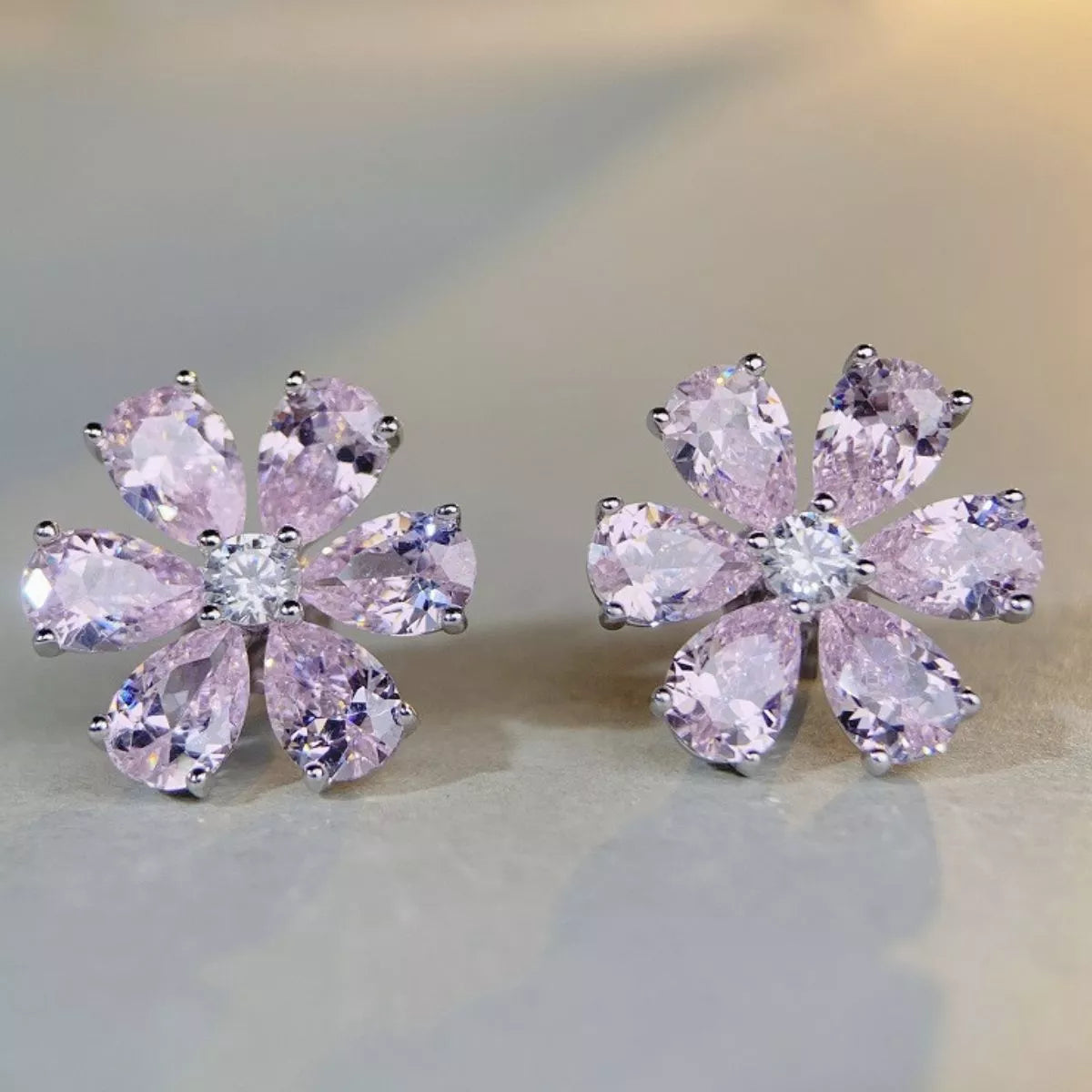 925 Sterling Silver Zircon Flower Earrings in Blush Pink
