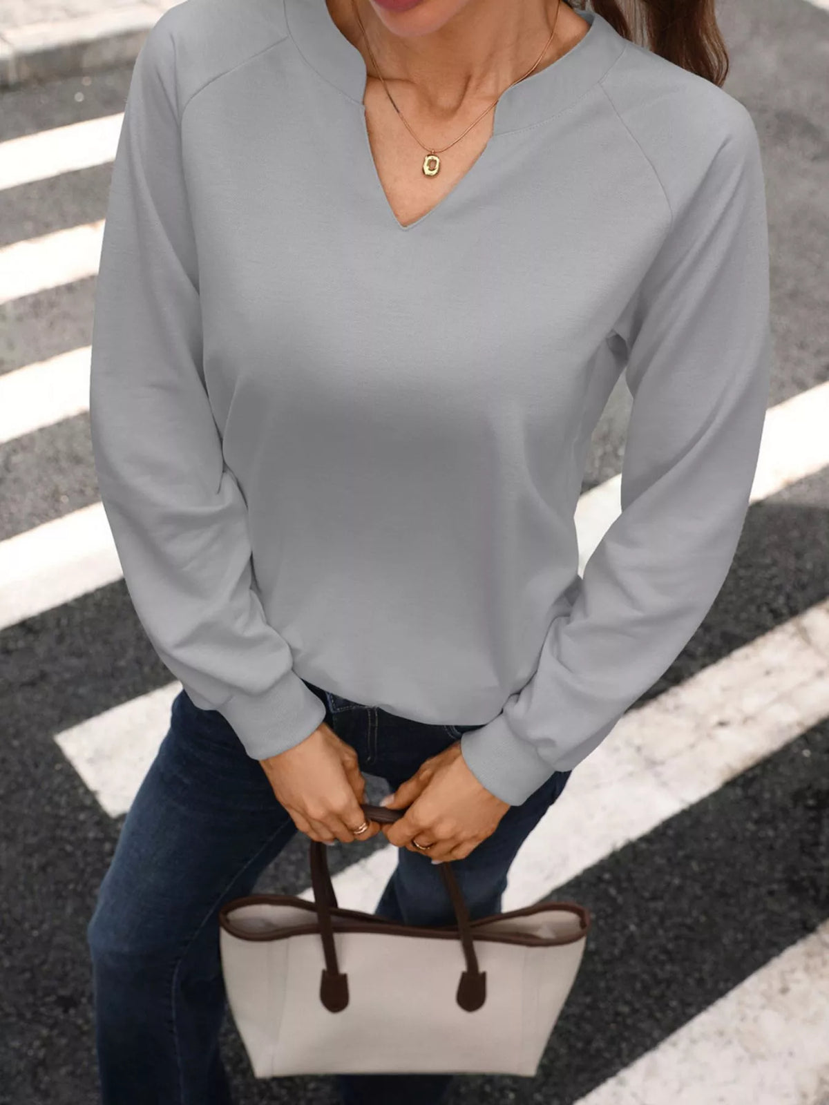 Notched Raglan Sleeve Sweatshirt - Lilixa.store