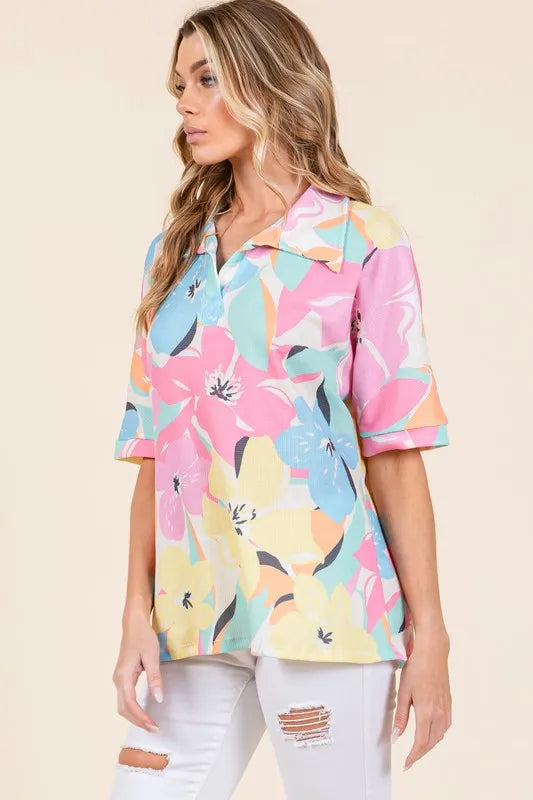 BOMBOM Floral Collared Neck Half Sleeve Top - Lilixa.store