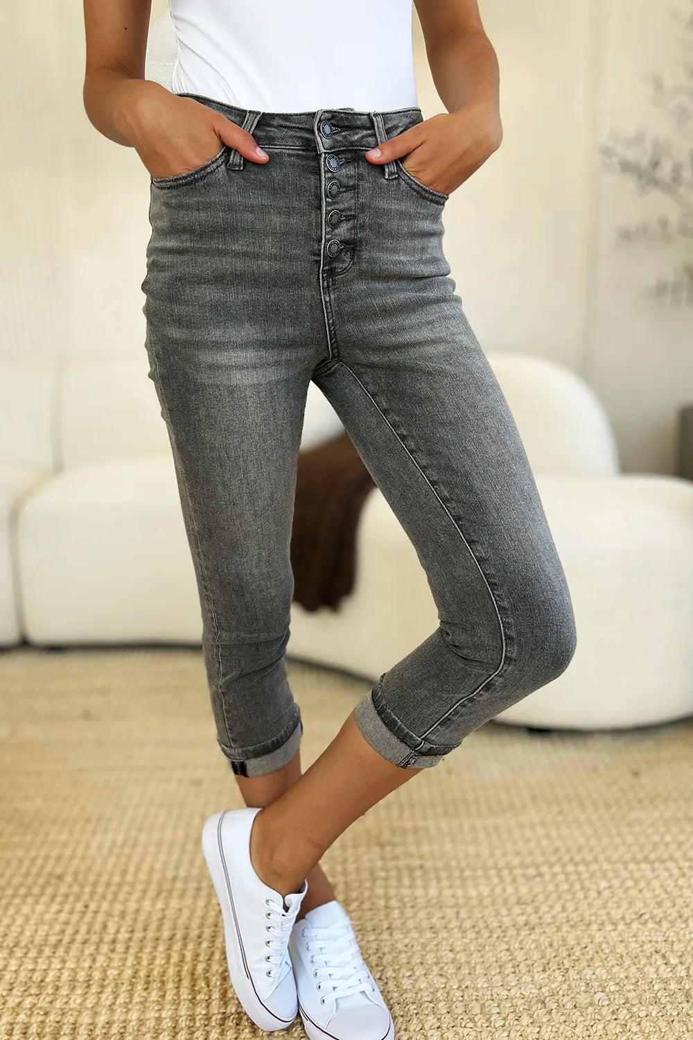 Judy Blue Full Size Button Fly High Waist Cuffed Capris - Lilixa.store