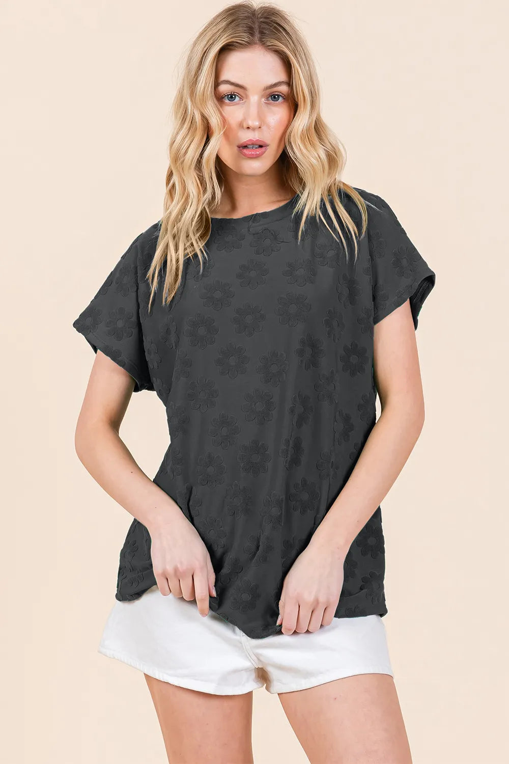 BOMBOM Textured Floral Pattern Short Sleeve T-Shirt - Lilixa.store
