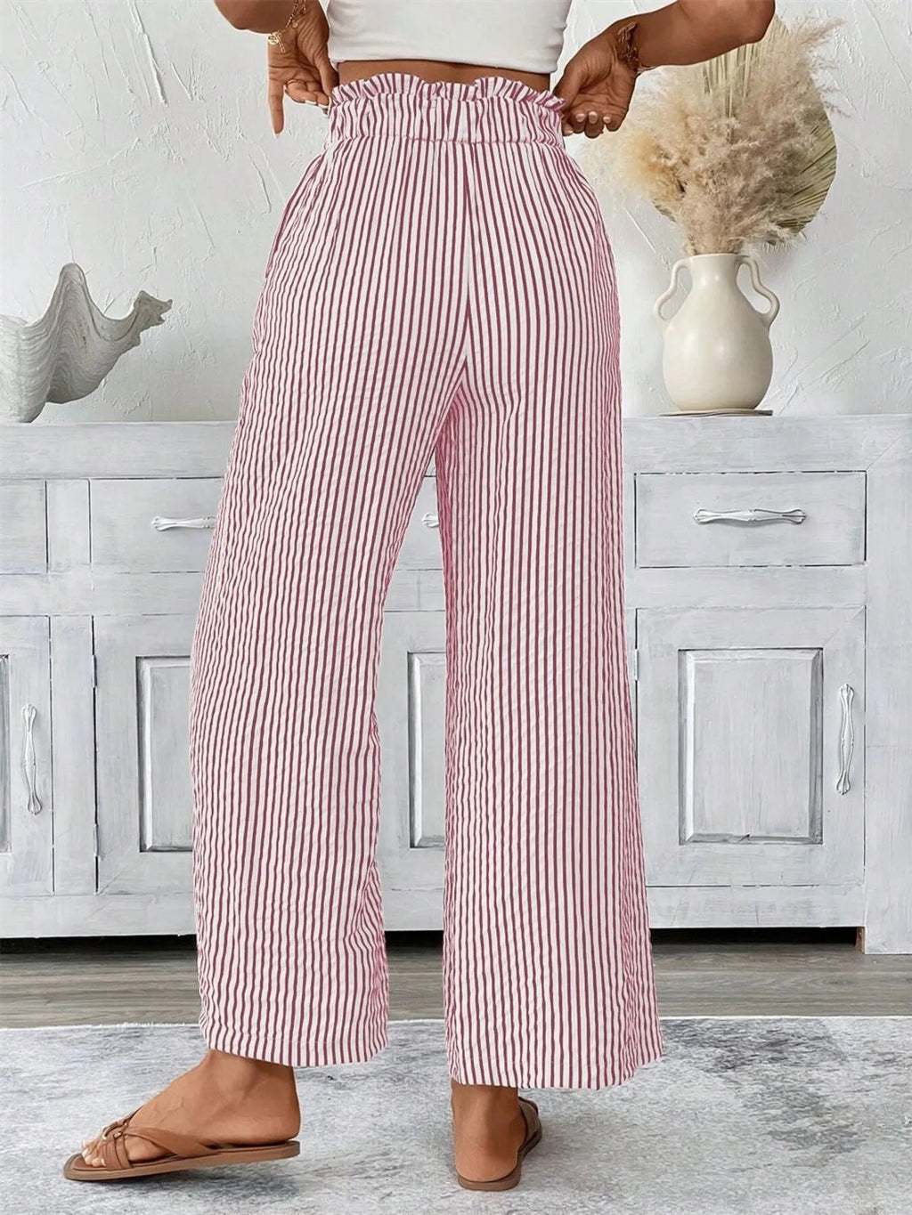 Full Size Striped Wide Leg Paper Bag Pants Plus Size - Lilixa.store