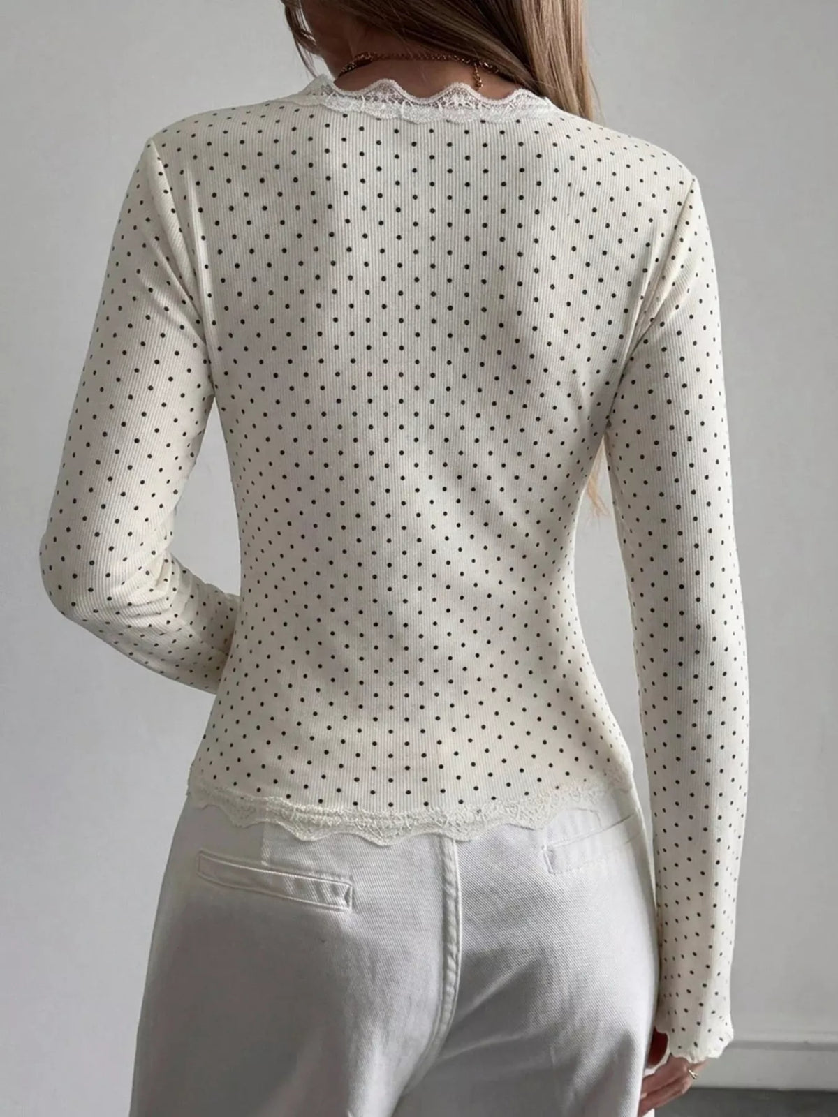 Lace Trim V-Neck Ribbed Long Sleeve Blouse, view 3