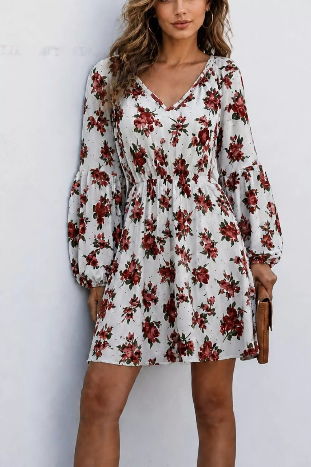 Floral Print Balloon Sleeve Mini Dress in White