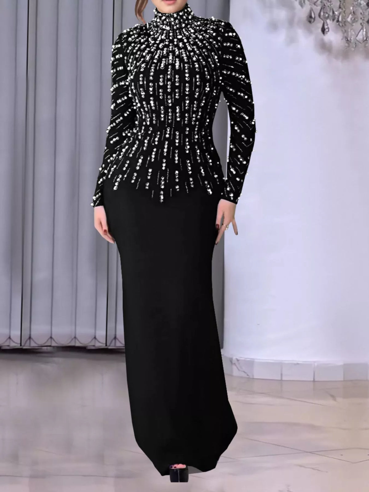 Embellished Mock Neck Maxi Dress in Black