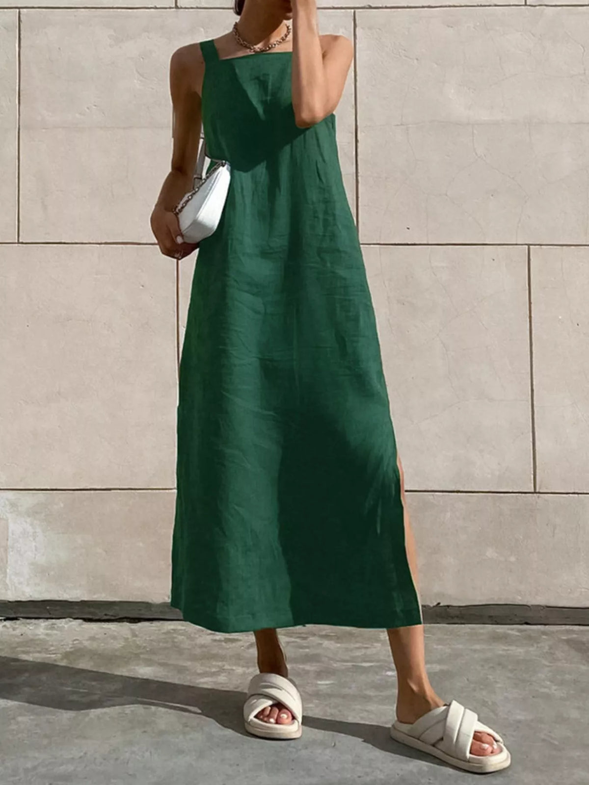 Side Slit Sleeveless Midi Dress in Green