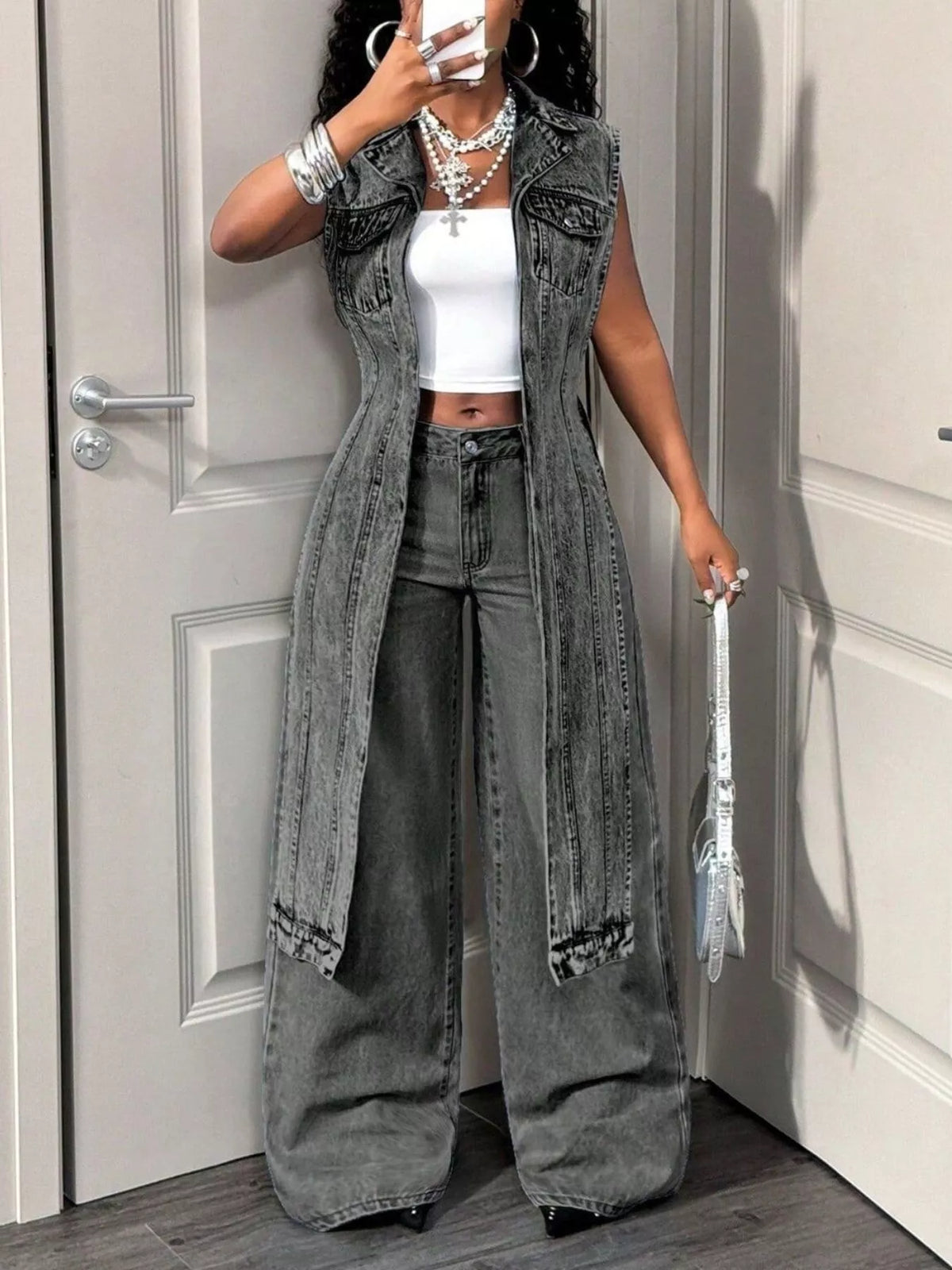 High-Low Open Front Denim Vest, view 15