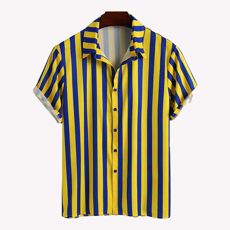 Men's Full Size Striped Button Up Shirt and Shorts Set Plus Size in Yellow, view 2