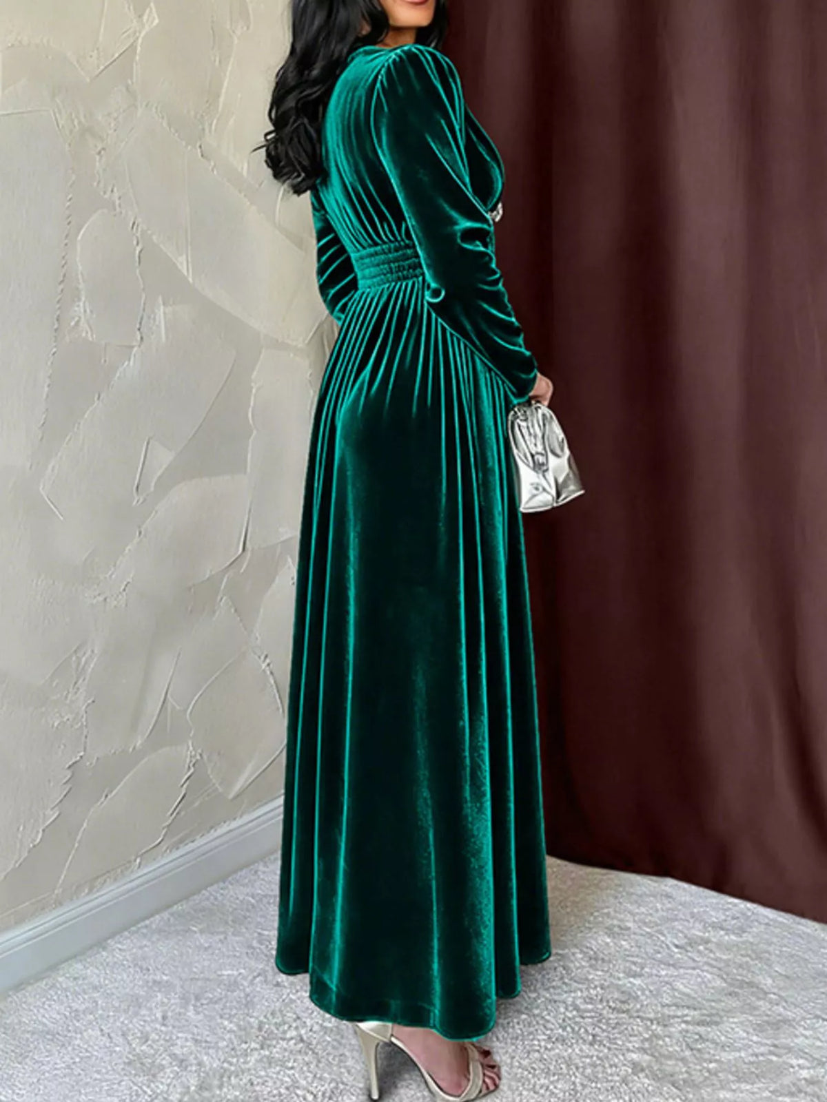 Velvet V-Neck Long Sleeve Maxi Dress in Green, view 4