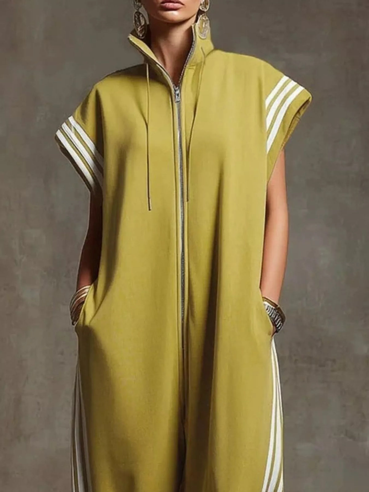 Full Size Side Stripe Zip-Front Wide Leg Jumpsuit Plus Size