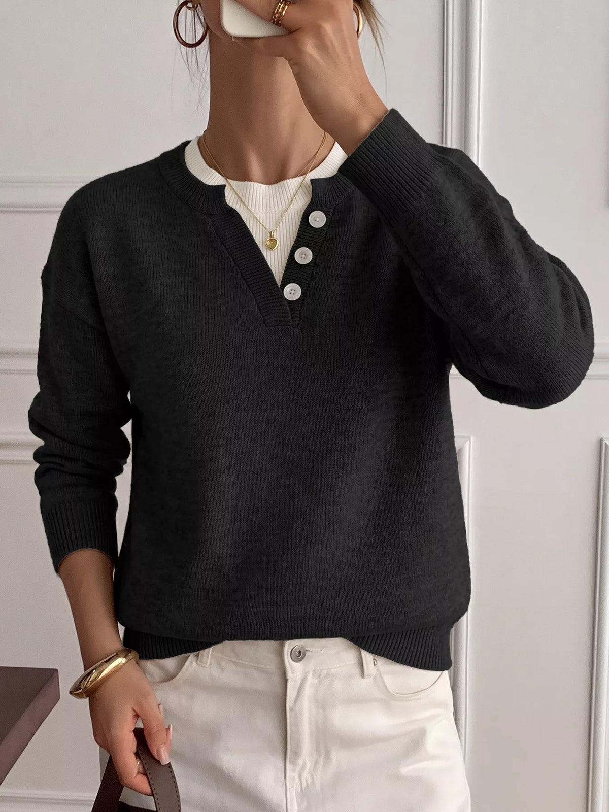 Decor Button-Placket Ribbed Knit Sweater