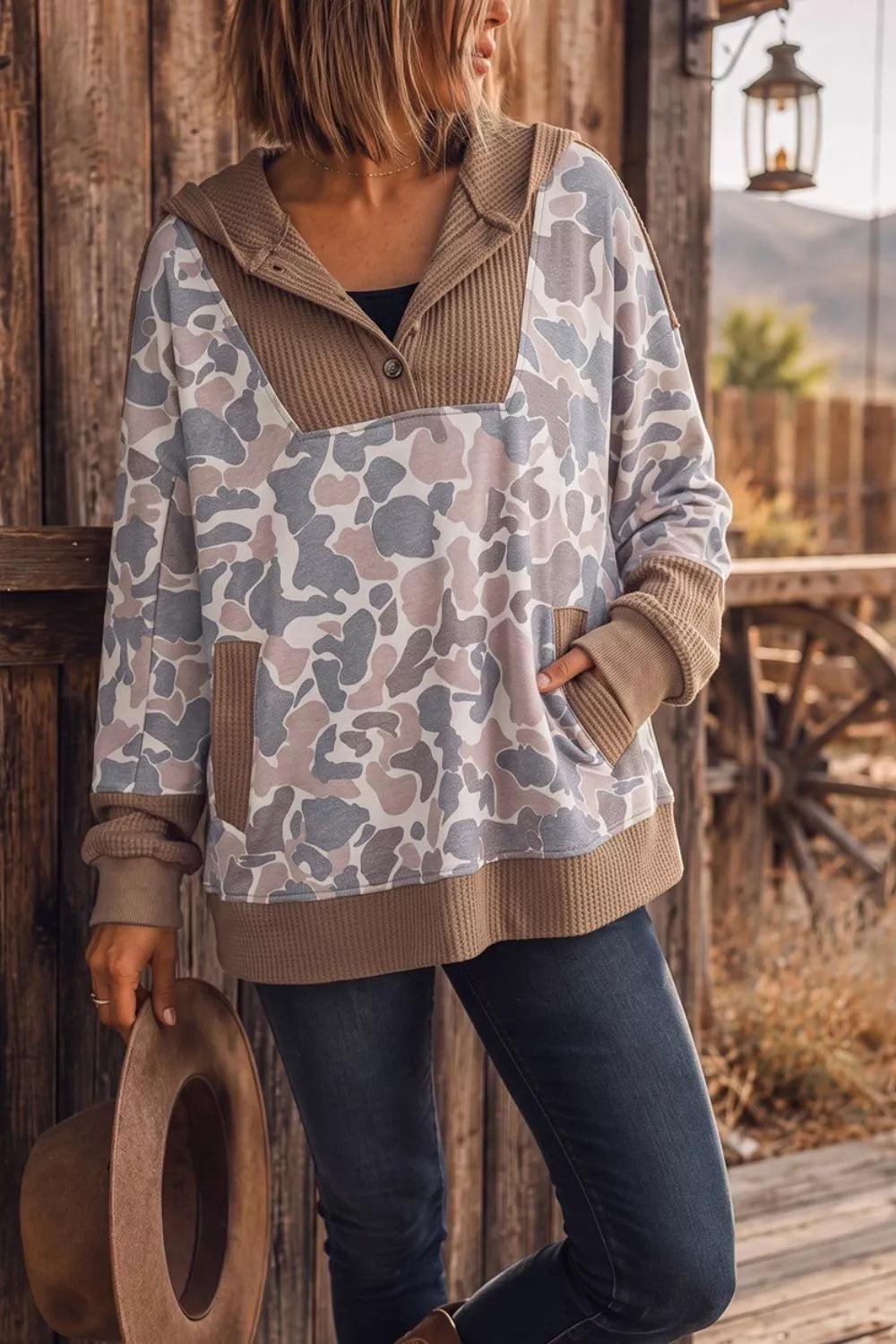 Camouflage Print Waffle Knit Patchwork Half Zip Hoodie - Lilixa.store