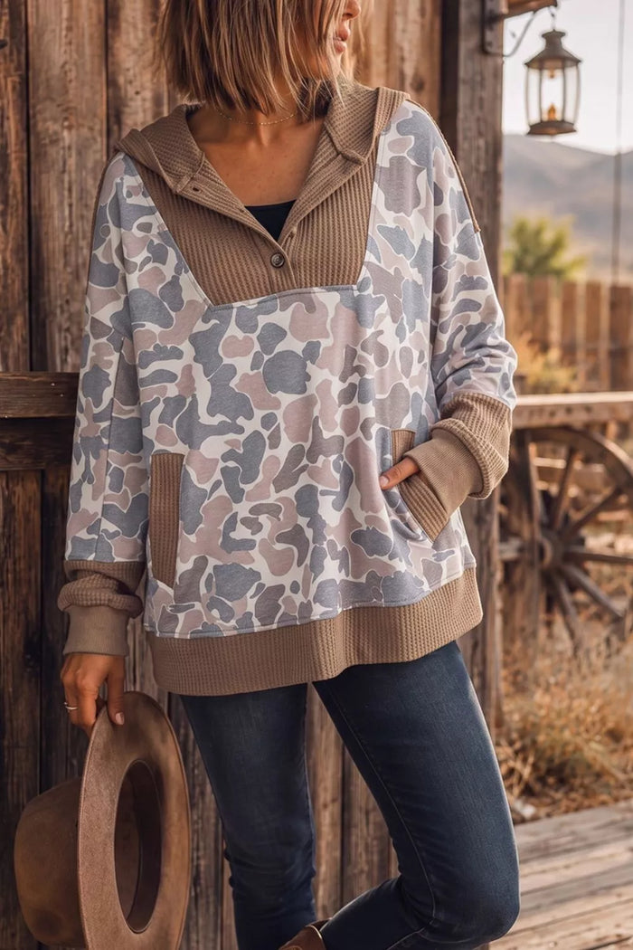Camouflage Print Waffle Knit Patchwork Half Zip Hoodie in Mocha