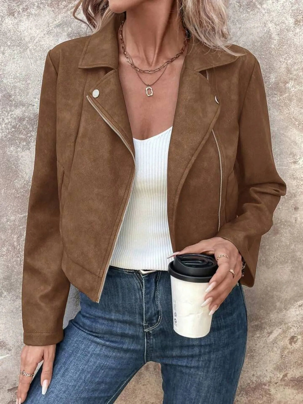 Zip Up Suede Cropped Moto Jacket, view 8