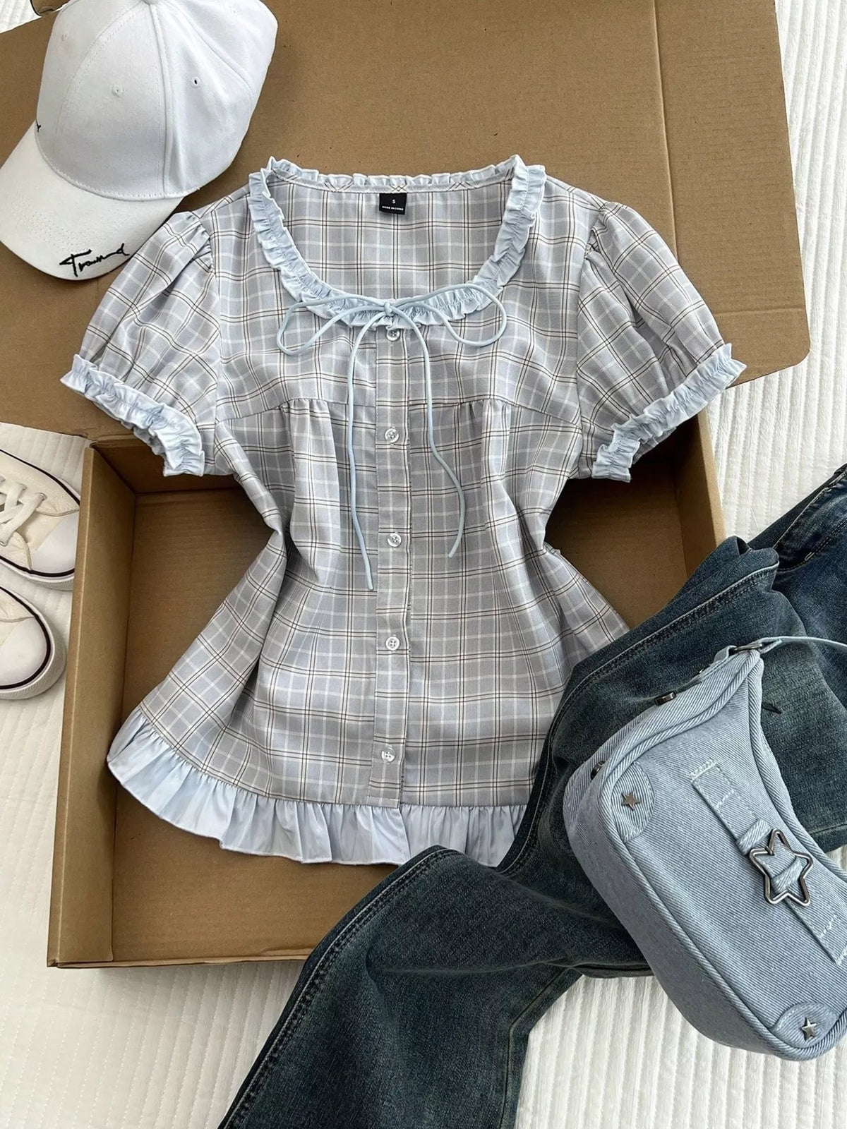 Plaid Ruffle Trim Puff Sleeve Blouse in Blue, view 4