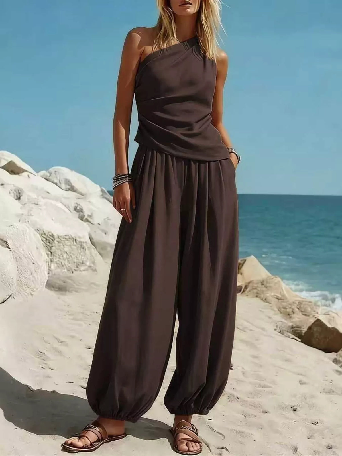 Full Size One-Shoulder Sleeveless Top and Harem Pants Set Plus Size - Lilixa.store