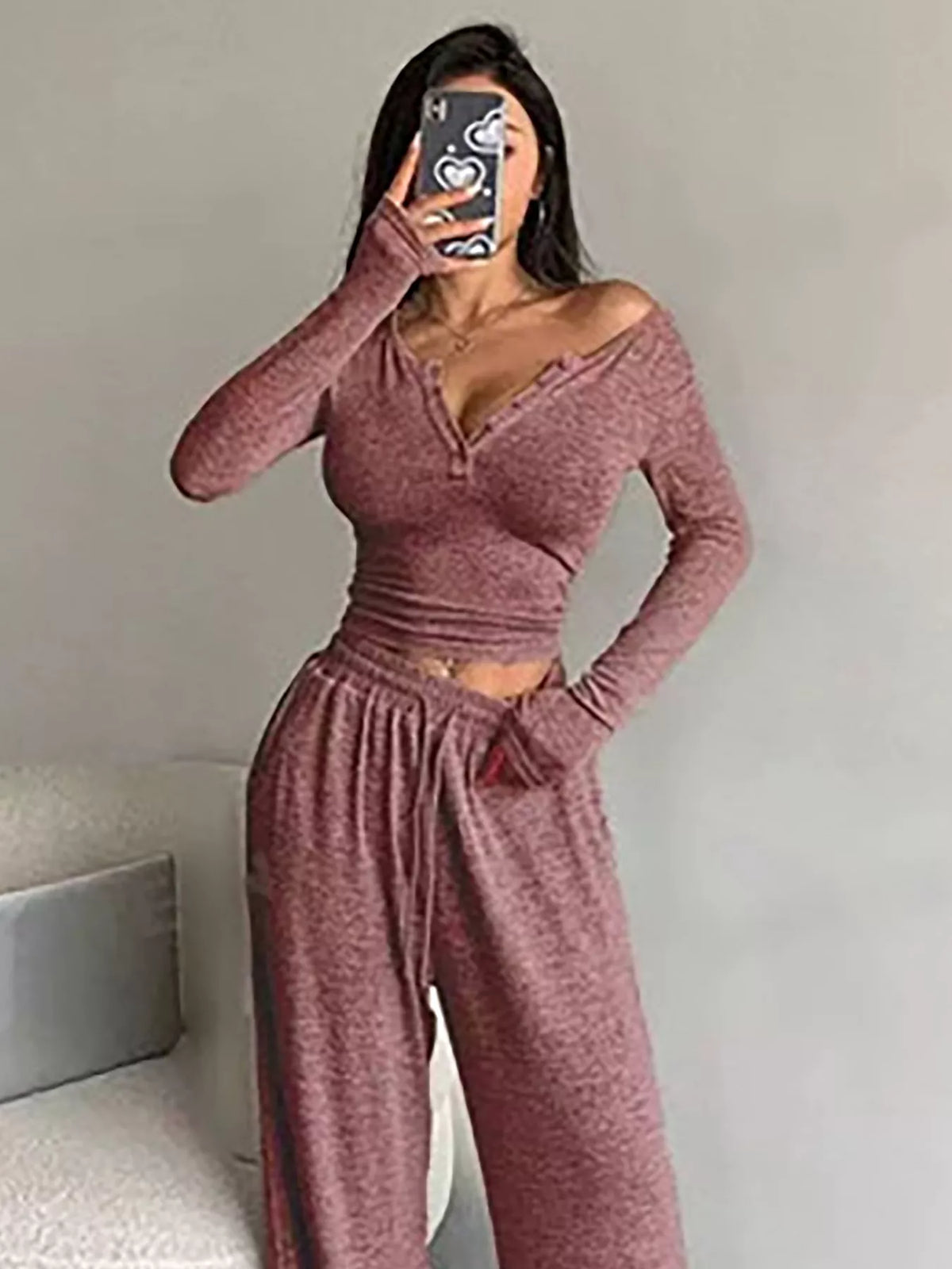 Button Detail Long Sleeve Top and Wide-Leg Pants Set