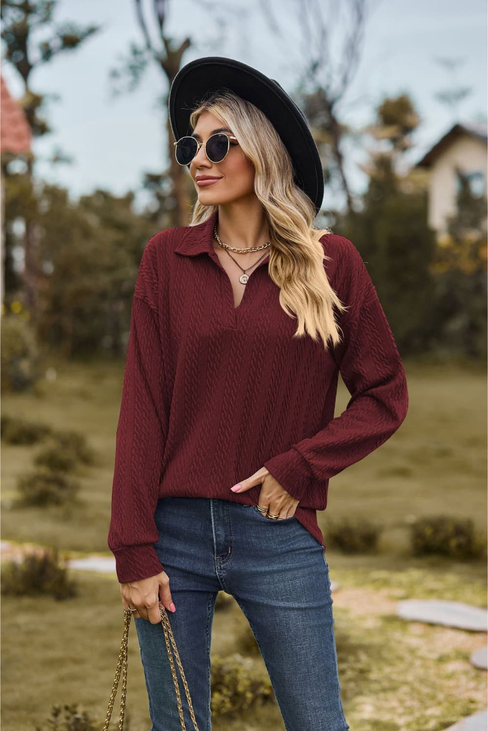 Collared Neck Cable-Knit Long Sleeve Blouse, view 9
