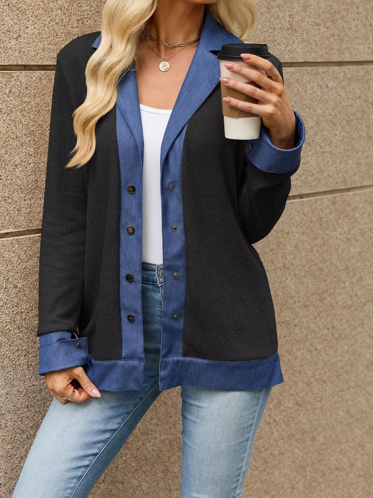 Contrast Denim Lapel Collar Outerwear - Lilixa.store