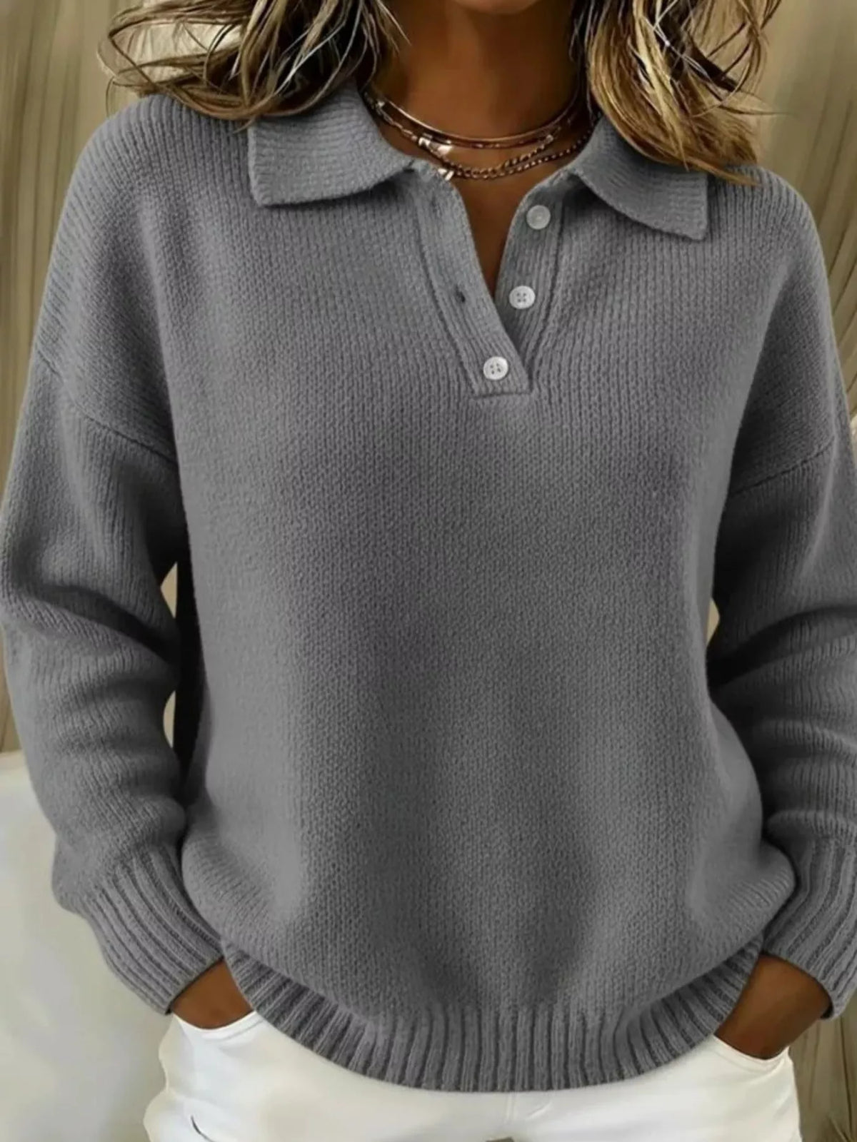 Full Size Button Detail Dropped Shoulder Sweater Plus Size