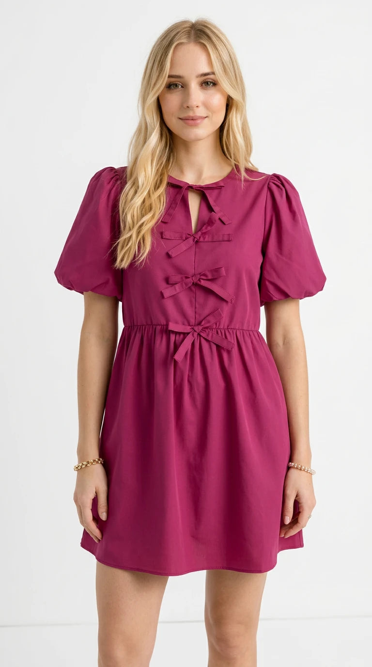 Oh Bow Ruched Puff Sleeve Mini Dress in Cerise