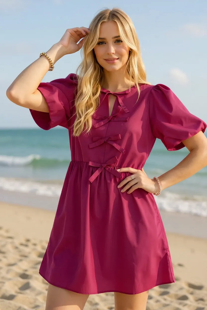 Oh Bow Ruched Puff Sleeve Mini Dress in Cerise