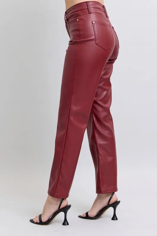 Judy Blue Full Size High Waist Tummy Control Faux Leather Straight Pants Plus Size - Lilixa.store
