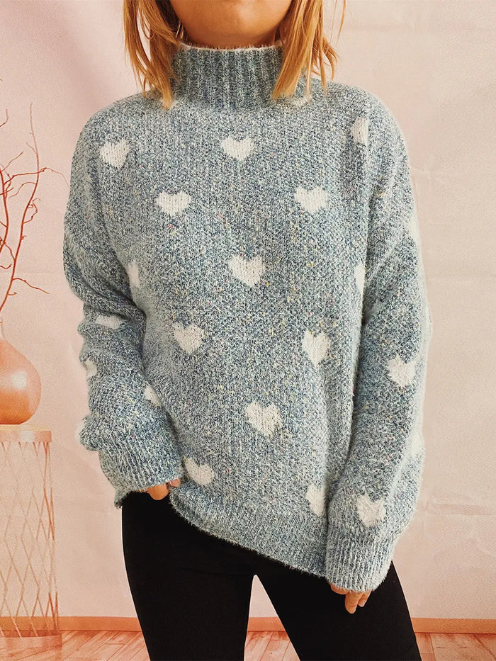 Heart Heathered Turtleneck Drop Shoulder Sweater in Misty Blue