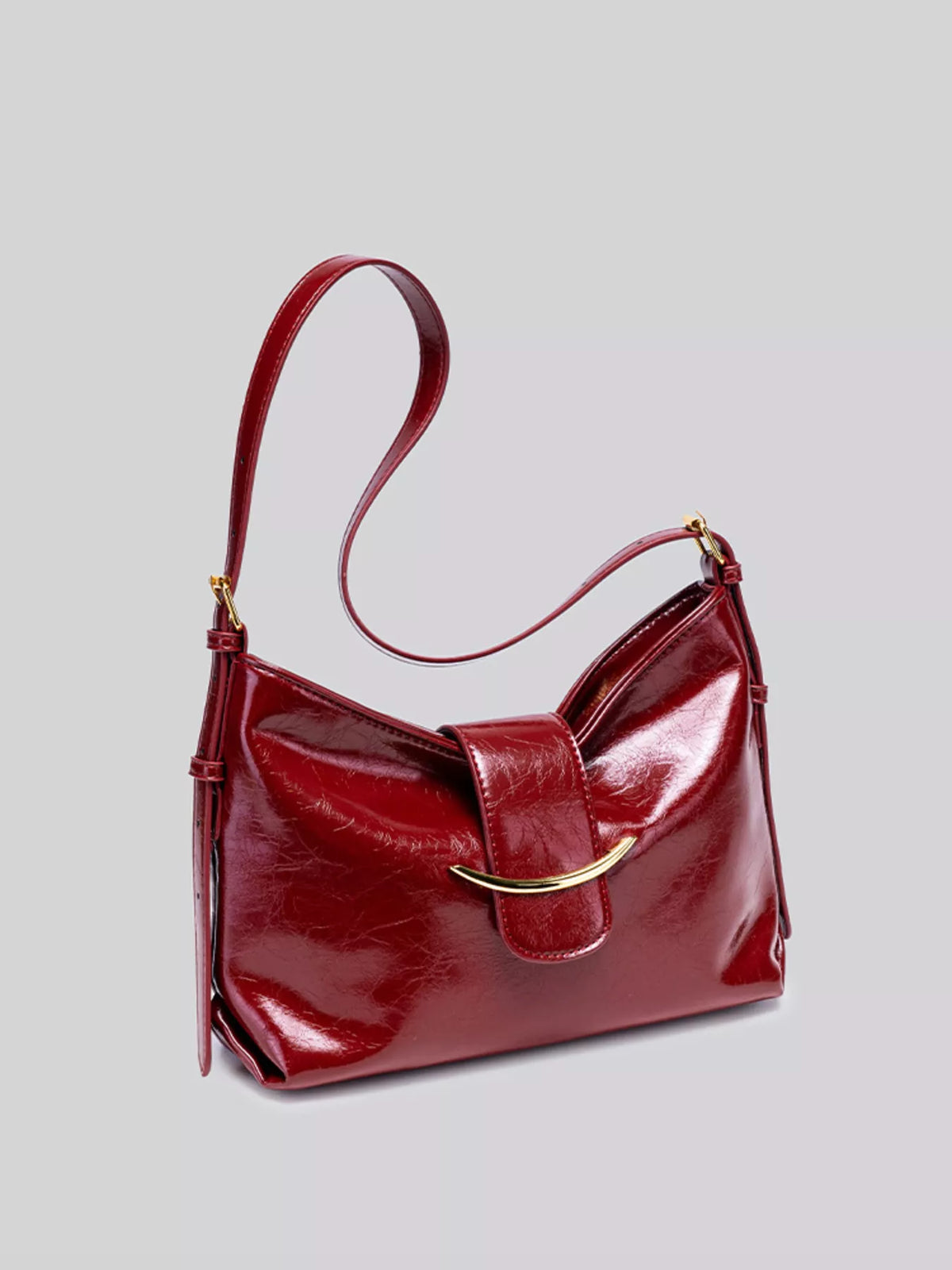 Elegant Glossy Patent Leather Shoulder Bag with Crescent Gold Accent in Wine Red, view 7