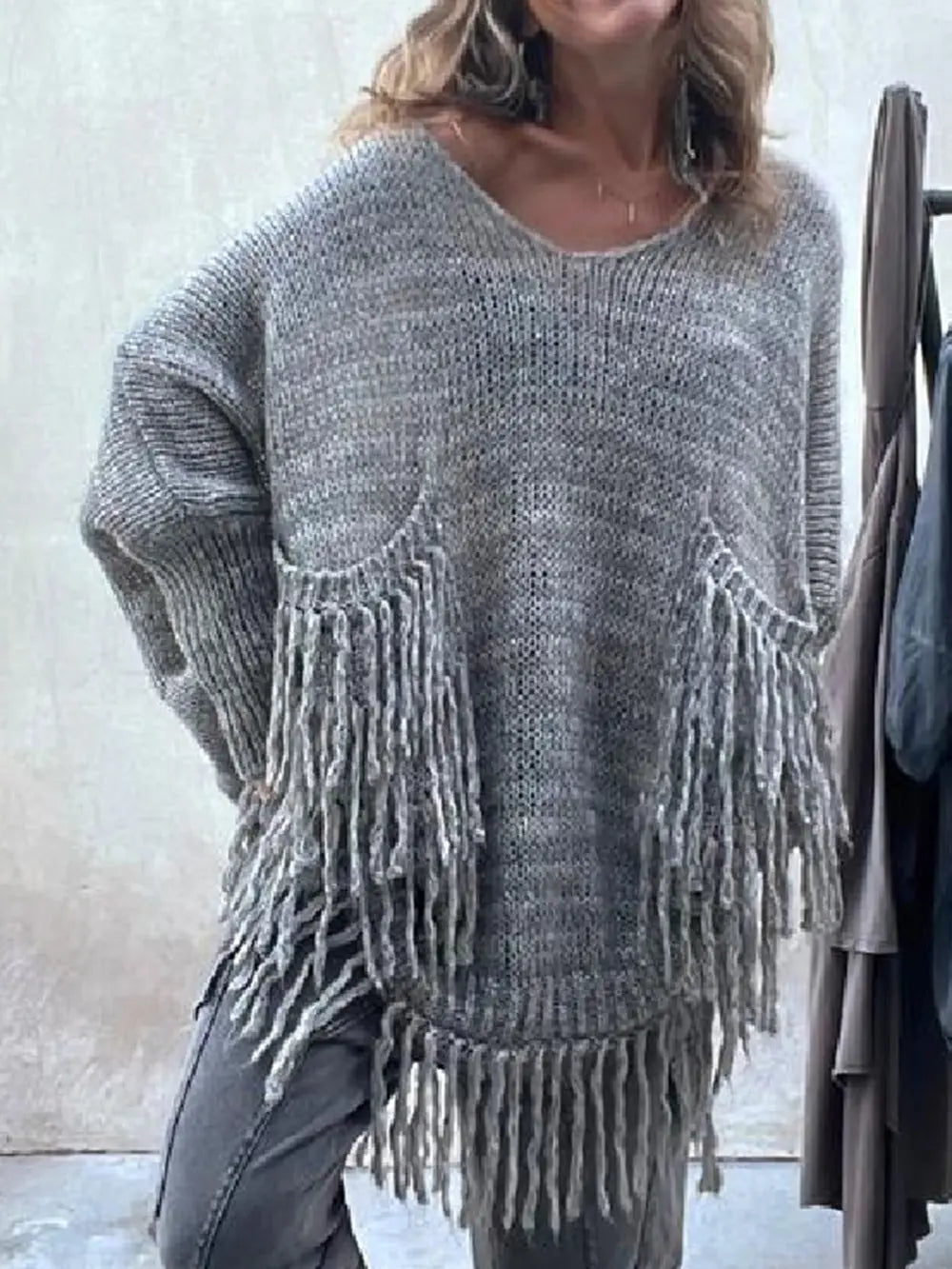 Fringe Detail Long Sleeve Sweater with Pockets in Dark Gray