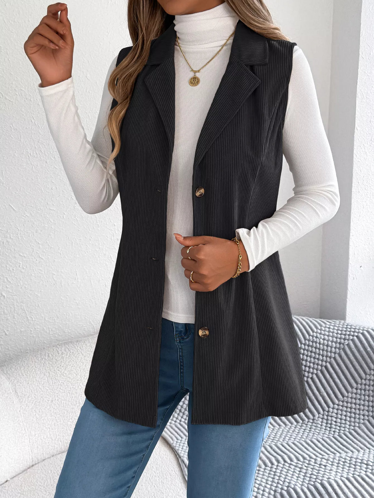 Button-Front Longline Vest Coat - Lilixa.store